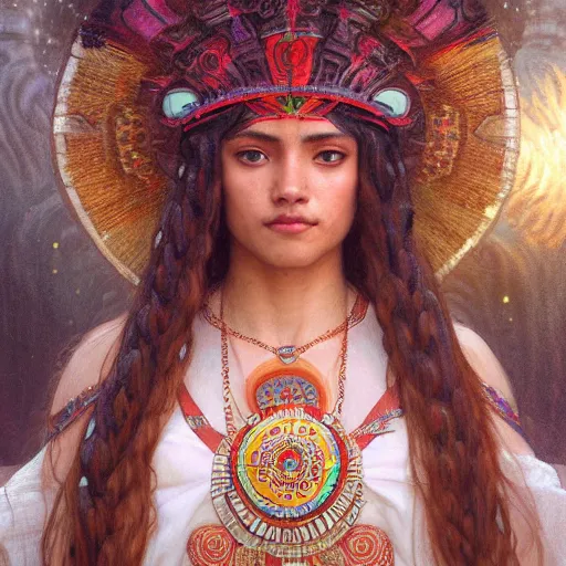 Image similar to portrait of an aztec rain goddess, with white skin, glowing eyes, intricate, elegant, highly detailed, digital painting, artstation, concept art, smooth, sharp focus, illustration, art by artgerm and greg rutkowski and alphonse mucha and william - adolphe bouguereau