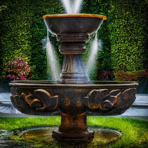 Prompt: photograph of fountain, feminine, beautiful, curvy, garden background, romantic, sensual, shallow depth of field, romantic lighting