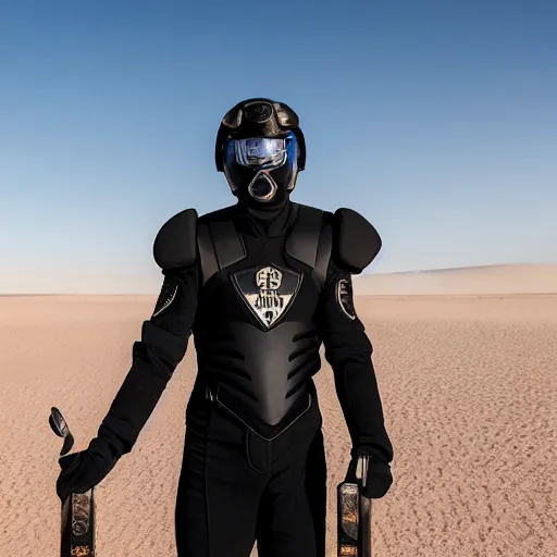 Image similar to medium face shot of adult Austin Butler dressed in black-prussian blue futuristic-tudoresque clothing with embroidered-Ram-emblem, and nanocarbon-vest, in an arena in Dune 2021, XF IQ4, f/1.4, ISO 200, 1/160s, 8K