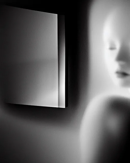 Image similar to black and white high quality photo of a beautiful female vegetal-cyborg looking into a sci-fi mirror, volumetric lighting, brutalism, foggy, dreamy, hyperdetailed, bokeh, photorealistic, cinematic, masterpiece, elegant, dark, by Man Ray in the style of Horst P. Horst, octane render, 8K,