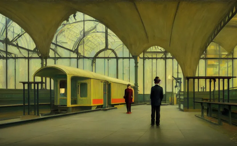 Prompt: Inside a train station, Edward Hopper and James Gilleard, Zdzislaw Beksinski, Mark Ryden, Wolfgang Lettl highly detailed, hints of Yayoi Kasuma