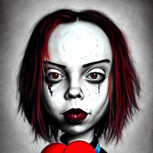 Image similar to surrealism grunge cartoon portrait sketch of billie eilish with a wide smile and a red balloon by - michael karcz, loony toons style, pennywise style, chucky style, horror theme, detailed, elegant, intricate