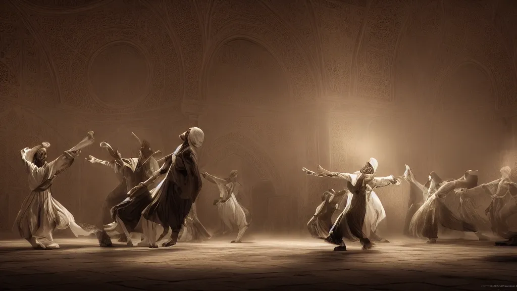 Prompt: tyrkisk sufi dance, sufi, arabic words, bysintine, gothic, 4 k, smokey, michael whelan, peter mohrbache, giovanni paolo panini style epic, volumetric light, insanely detailed, unreal engine render, artstation trends, hyper detail, epic art style, cinematic, concept art, soft white gold lights