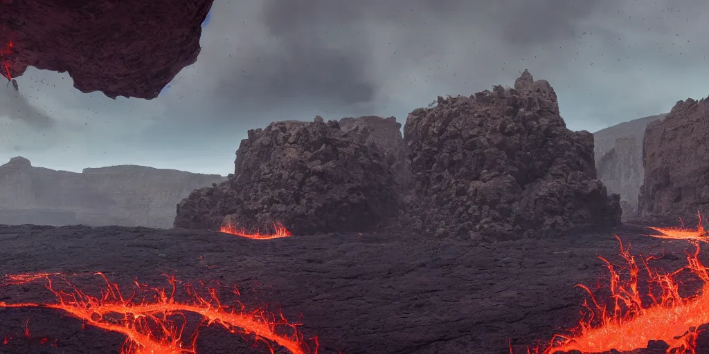 Image similar to Rocky arch connect two sides from left to right over the canyon with lava leak, in the distance ancient castle with destroyed tower, highly detailed, matte painting, wide lens, ultra realistic, 4k, 8k resolution, trending on artstation, octane render, unreal engine.