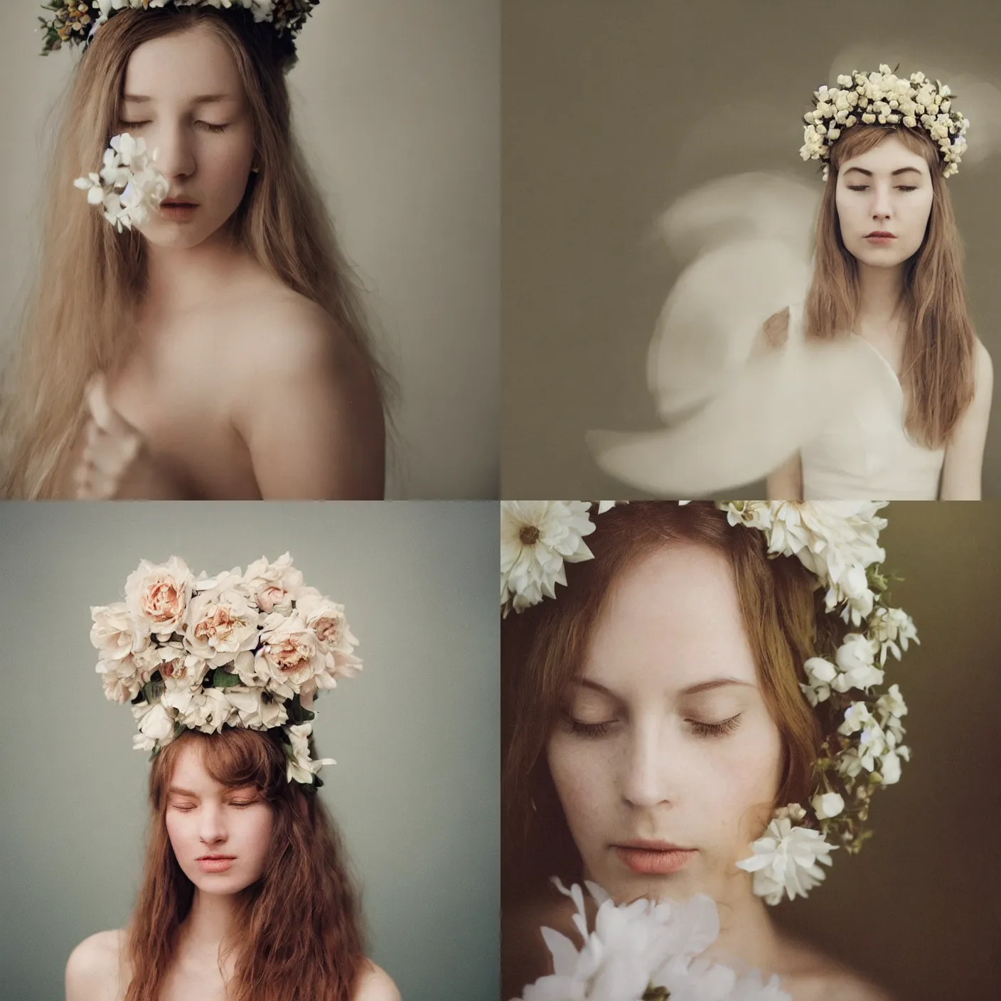 Prompt: An analog frontal face portrait photography of a woman wearing an big white flowers crown by Flora Borsi. Long soft hair. eyes closed. Kodak Color Plus 800 film. Icelandic mood. detailed. hq. realistic. warm light. muted colors. lens flare. Glare and bloom. photoreal. Medium format photography. Rembrandt light mood. Golden hour. Leica M9.