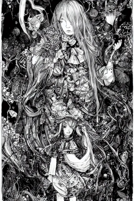 Image similar to Crying Alice in wonderland tarot card , pen and ink, intricate line drawings, by Yoshitaka Amano, Ruan Jia, Kentaro Miura, Artgerm, watercolor