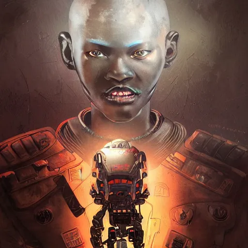 Image similar to a dark and ominous cyborg african child soldier with glowing eyes and facial scarification marks, Apex Legends character digital illustration portrait design, by android jones and greg rutkowski in a cyberpunk voodoo style, retrowave color scheme, detailed, cinematic lighting, wide angle action dynamic portrait