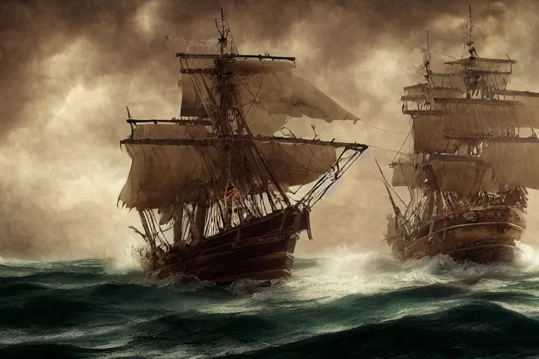Image similar to epic pirate ship in a storm, in the style of vernon grant and chris van allsburg, trending on artstation, bright tilt - shift camcorder effect, photoshop, retrowave, hyperrealism,