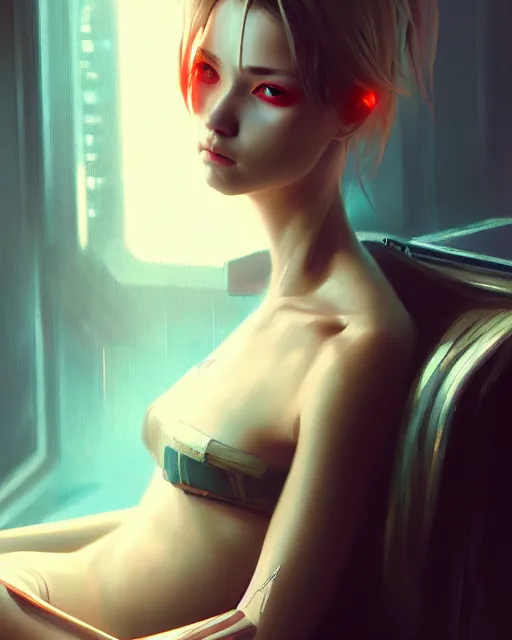 Image similar to a painting woman sitting on a couch, cyberpunk art by wlop, cgsociety, fantasy art, anime aesthetic, anime, dystopian art, true anatomy, extremely beautiful face, extremely detailed face