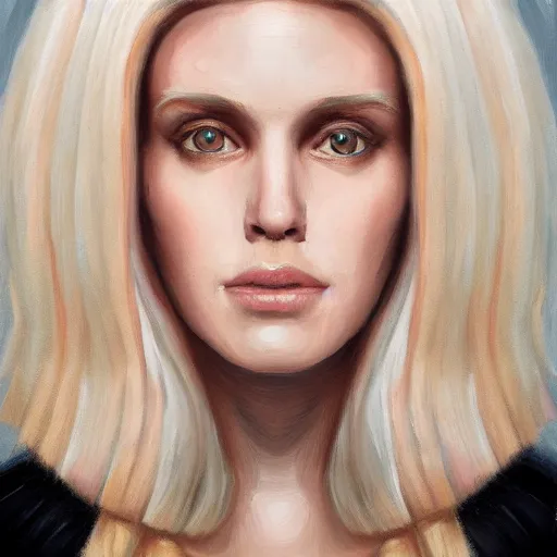 Image similar to a symmetrical portrait of a blonde woman with strong manly facial features, oil painting, pale colors, high detail, 8 k, wide angle, trending on artstation,