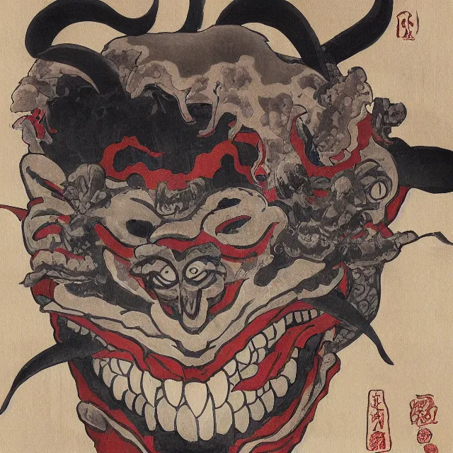 Prompt: a painting of an oni mask by katsushika hokusai, dark fantasy art, high detail, trending on artstation