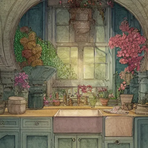 Image similar to a beautiful intricate watercolor illustration of a kitchen, flowers, leaves, 4 k, ultra - wide angle, by william turner, by victo ngai, by moebius, by gustave dore, hd, trending on artstation, hyper detailed, muted intense colors