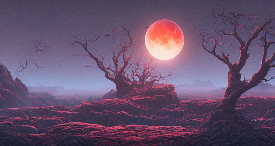 Prompt: An intricate hyperrealistic matte painting the blood moon, by Dan Mumford and Mœbius and Amir Zand, unreal engine, circular, spherical, trending on artstation, tree, detailed, red