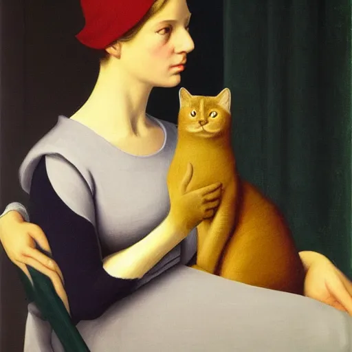 Prompt: a girl and her cat by Raphael, Hopper, and Rene Magritte. detailed, romantic, enchanting, trending on artstation.