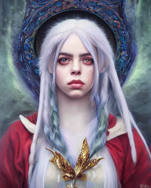 Prompt: billie eilish as a beautiful elf princess, oil painting, by laura sava