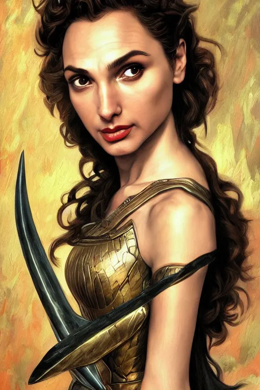 Image similar to A fantasy comic book style portrait painting of Gal Gadot, hybrid, Anya Audrey Hepburn, as an Atlantean Reptilian Warrior, François Boucher, Oil Painting, Mystical Valkyrie, unreal 5, DAZ, hyperrealistic, octane render, Regal, Refined, Detailed Digital Art, RPG portrait, William-Adolphe Bouguereau, Michael Cheval, Walt Disney (1937), Steampunk, dynamic lighting, Highly Detailed, Cinematic Lighting, Unreal Engine, 8k, HD