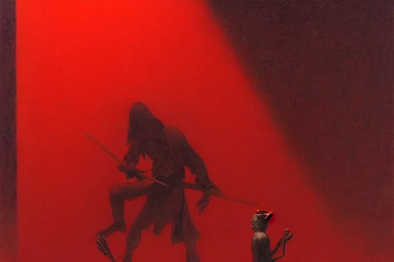 Image similar to only with red, a red samurai harakiri, tokio, a lot of frogs watch, in the style of beksinski, parts by edward hopper, parts by rodcenko, parts by yue minjun, intricate and epic composition, red by caravaggio, insanely quality, highly detailed, masterpiece, red light, artstation, 4 k