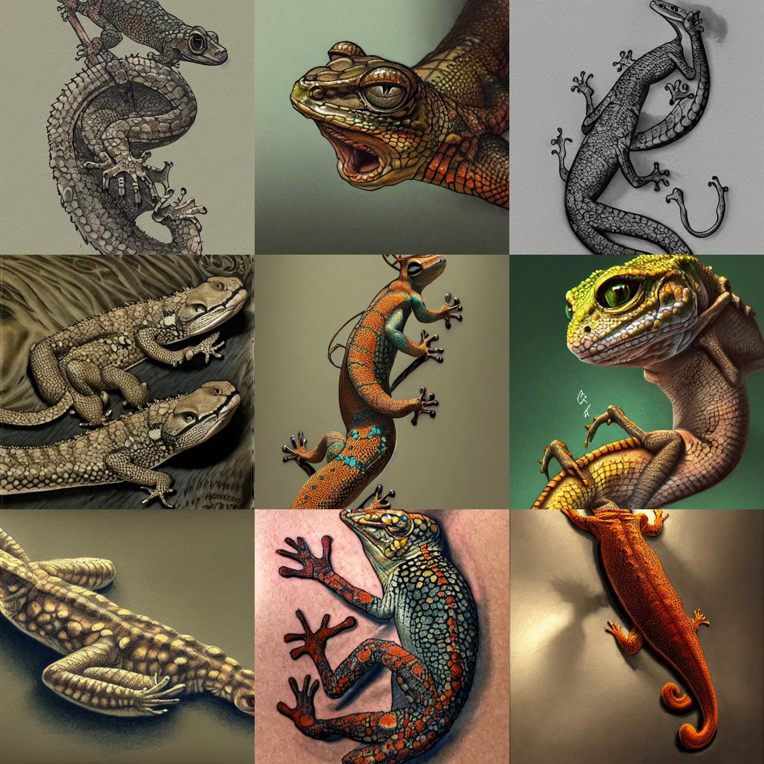 Prompt: gecko tattoo by anton pieck, intricate, extremely detailed, digital painting, artstation, concept art, smooth, sharp focus, illustration, intimidating lighting, incredible art,