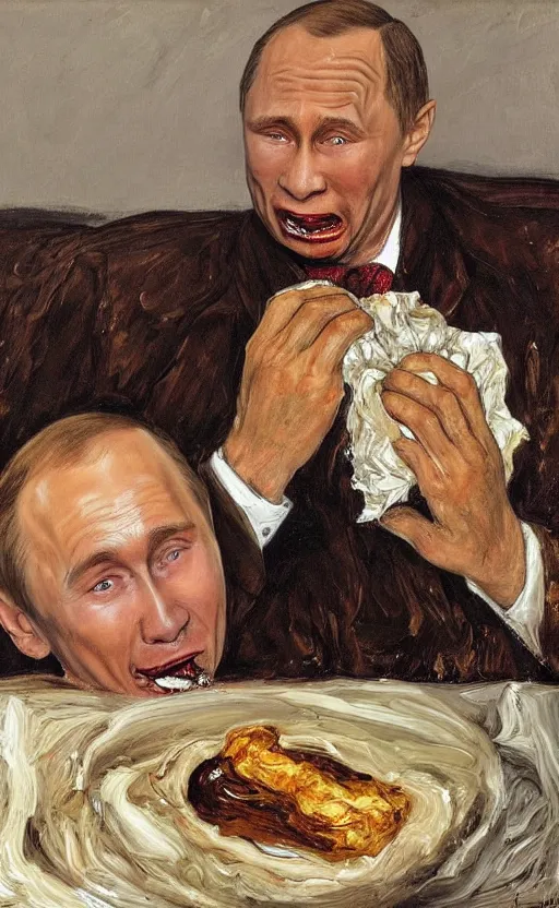 Prompt: Putin eating used diapers covered in brown substance at a dinner table, Putin portrait, brown liquid dripping down mouth, face of fear, ugly body painted by Lucian Freud, Jenny Saville, Ilya Repin