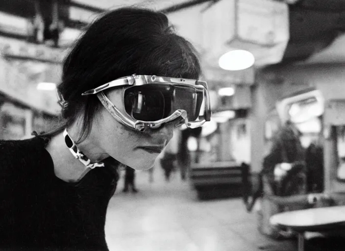 Prompt: close - up portrait of a beautiful woman wearing a choker and welding goggles, in a subway, richard avedon, tri - x pan