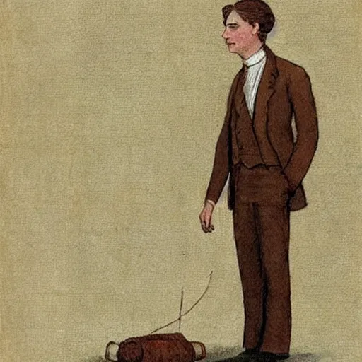 Prompt: a man in a beige suit with smart brown hair, art by richard doyle