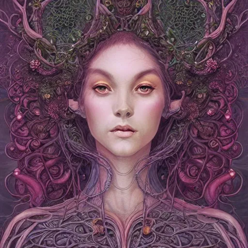 Prompt: a beautiful detailed front view portrait of a woman with ornate growing around, ornamentation, flowers, elegant, beautifully lit, by wayne barlowe, peter mohrbacher, kelly mckernan,