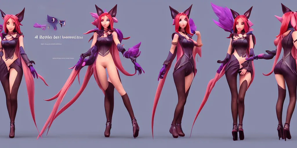 Image similar to Character sheet of bewitching ahri (League of Legends). 3d render, octane render, game art, realistic, highly detailed, trending on artstation, 4k, trending on artstation, pixar, cgsociety, unreal engine 5, redshift render, trending on artstation, blender, behance, cg