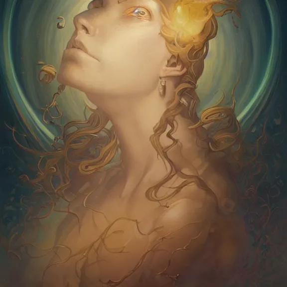 Image similar to a highly detailed beautiful portrait in the style of peter mohrbacher and in the style of jean delville. glowing rune of magical power.