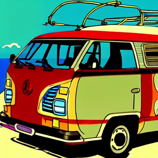 Prompt: campervan near the ocean, 80's anime style