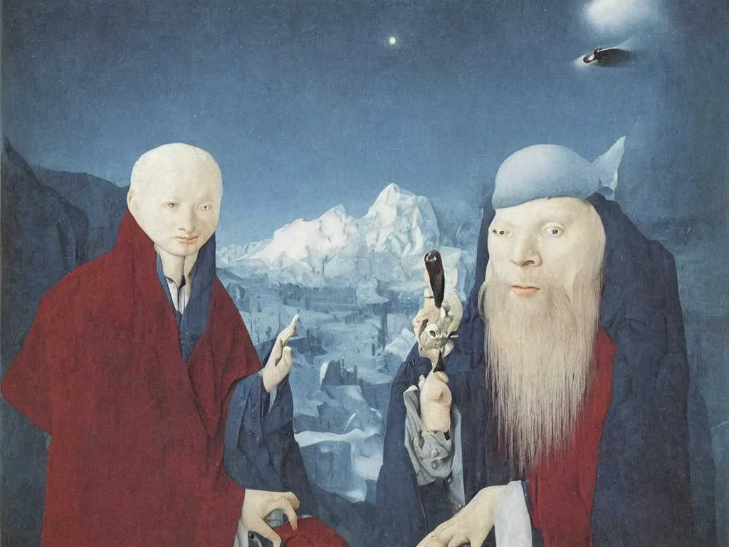 Image similar to Portrait of albino mystic with blue eyes, with snow. Painting by Jan van Eyck, Audubon, Rene Magritte, Agnes Pelton, Max Ernst, Walton Ford