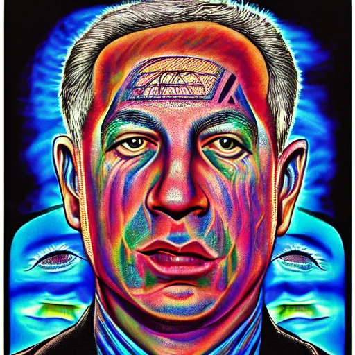 Image similar to a psychadelic portrait of binyamin netanyahu by alex grey, high deatil, cinestill poster