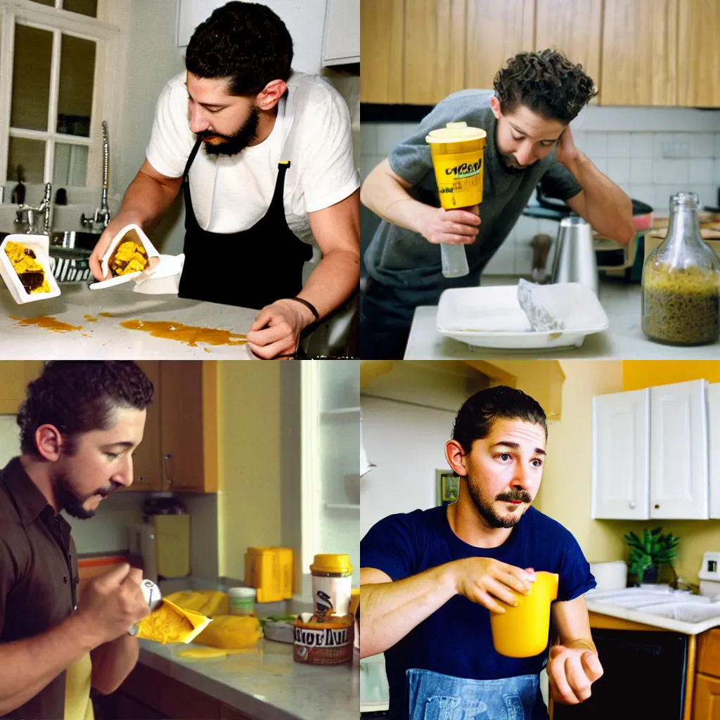 Prompt: 35mm film photograph of shia labeouf smearing mustard all over my kitchen