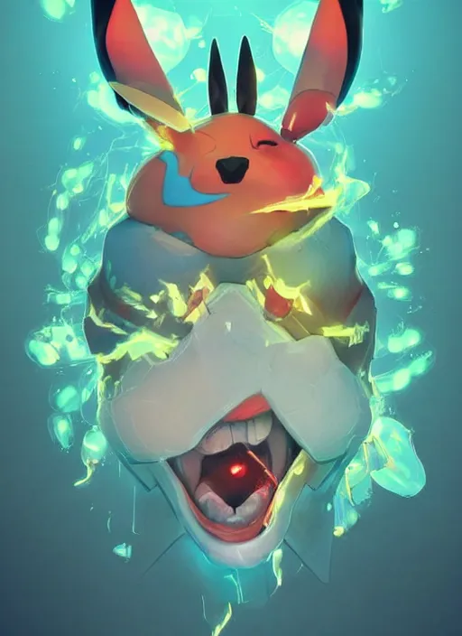 Image similar to colourful caricature - 3 d vfx art - of a pikachu, art style by james jean & hsiao - ron cheng, character concept art, unreal engine render, digital illustration, sharp, intricate detail, volumetric light, ray tracing, soft light, symmetric, pinterest, artstation, behance,