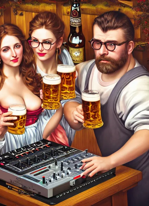 Prompt: large technics dj table octoberfest invite card, large beardless man and large round beautifull faced woman watching together to the camera, beer glasses, strudels and birthday presents surrounded by presents, photoshoot, 4 k, hyper realistic, natural, highly detailed, digital illustration, trending in artstation, classical painting, smooth, sharp focus art by ilya repin