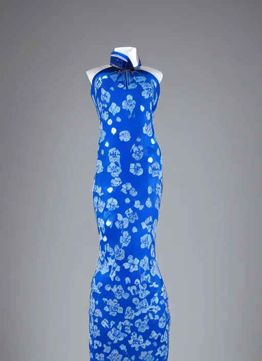 Image similar to blue qipao dress, dress design by alexander mcqueen