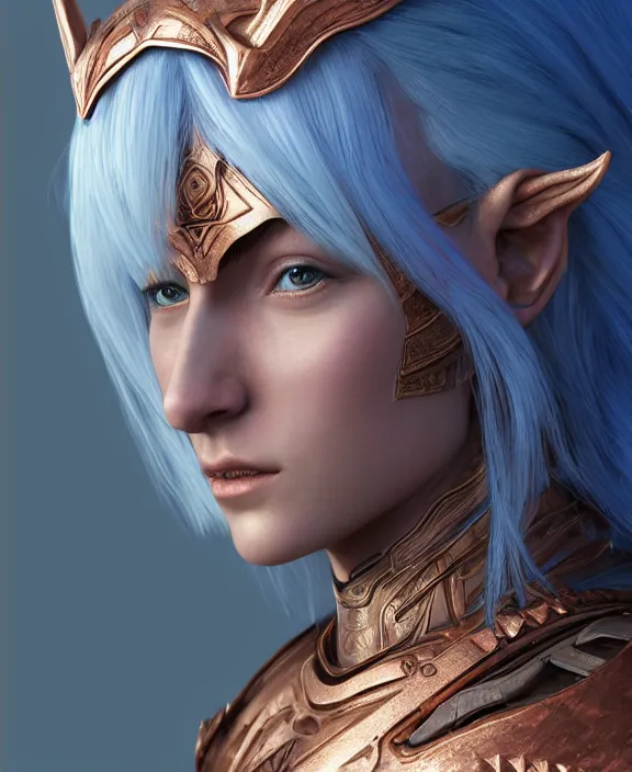 Prompt: a beautiful and highly detailed digital portrait of a dignified female elven paladin with blue hair in rose gold armor by jia ruan, clint cearley, and karol bak, centered, artsation contest winner, cgsociety, fantasy art, cryengine, concept art, photorealism, daz 3 d, sketchfab, zbrush, vray