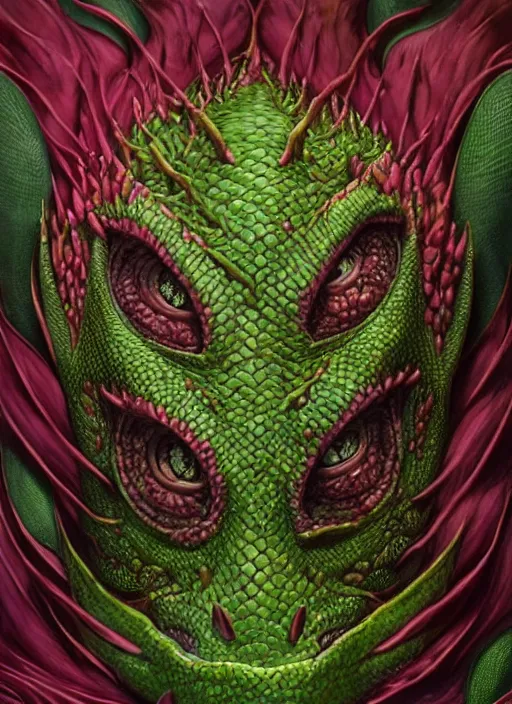 Prompt: dragonfruit mf doom reptile eyes, dragonfruit slice skin. intricate, elegant, highly detailed, centered, digital painting, artstation, concept art, smooth, sharp focus, illustration, artgerm, tomasz alen kopera, peter mohrbacher, donato giancola, joseph christian leyendecker, wlop, frank frazetta