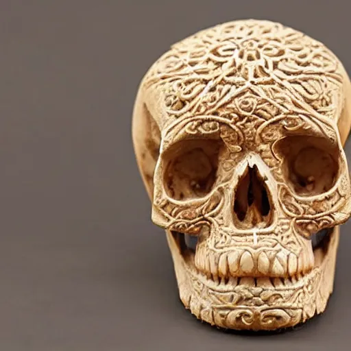 Prompt: intricately carved human skull, intricate ornament, baroque style, Oriental ornament