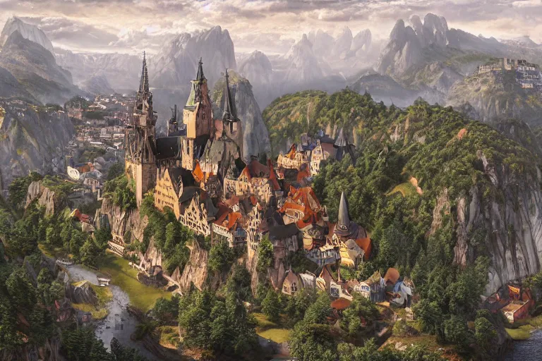 Image similar to an ultra detailed matte landscape painting of an german medieval capital city built into the side of a mountain, gothic architecture, sweeping vista, a large highway leading to tiny coastal fishing village very far away, ultrawide lens, aerial photography, 8 k, volumetric lighting, smooth, highly detailed, digital illustration, art by greg rutkowski and akira toriyama and artgerm