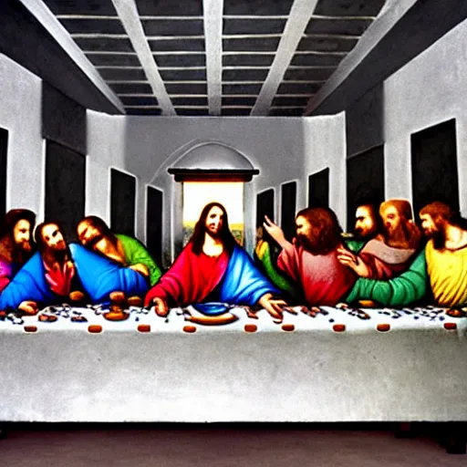 Prompt: on the wall of a gray building, a colorful spray-painted graffiti of The Last Supper by Da Vinci