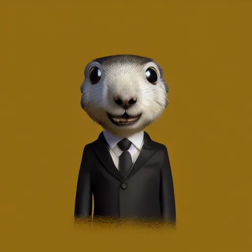 Image similar to cute anthro marmot in a black tuxedo while holding a yellow pencil in the left hand, digital art, 3 d rendered in octane, blender, maya, shadows, lighting