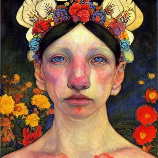 Image similar to the bone crown, by annie swynnerton and nicholas roerich and diego rivera, elaborate costume, flowers, iridescent beetles, rich color, dramatic cinematic lighting, smooth, sharp focus, extremely detailed