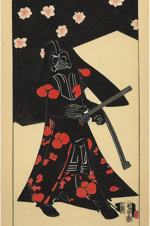Image similar to Japanese woodblock print of Darth Vader holding a samurai sword , cherry blossom, Hokusai