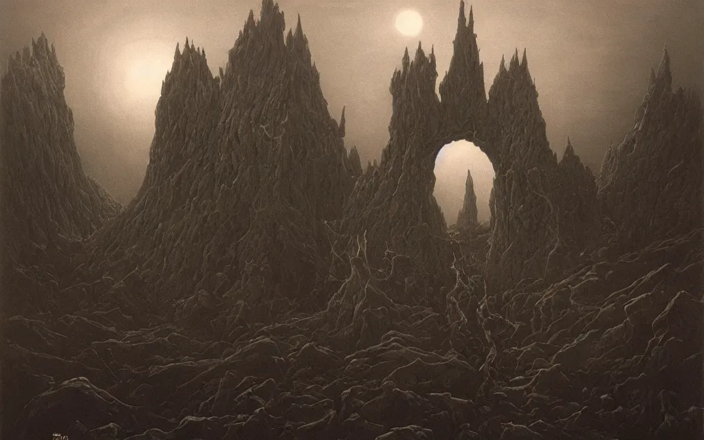 Image similar to black gate of mordor, by zdzisław beksinski, dynamic composition, dramatic lighting, ultra detailed