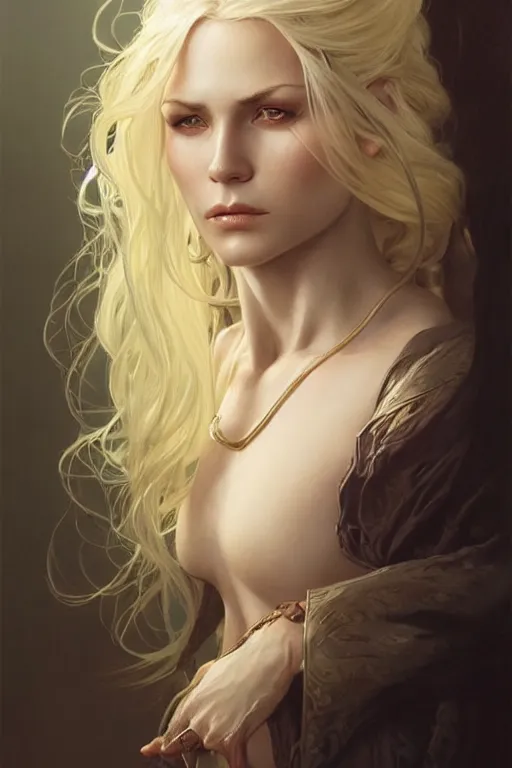 Image similar to portrait of an old blonde elven mage, dark, piercing eyes, gentle expression, elegant clothing, photorealistic, highly detailed, artstation, smooth, sharp focus, art by michael whelan, artgerm, greg rutkowski and alphonse mucha