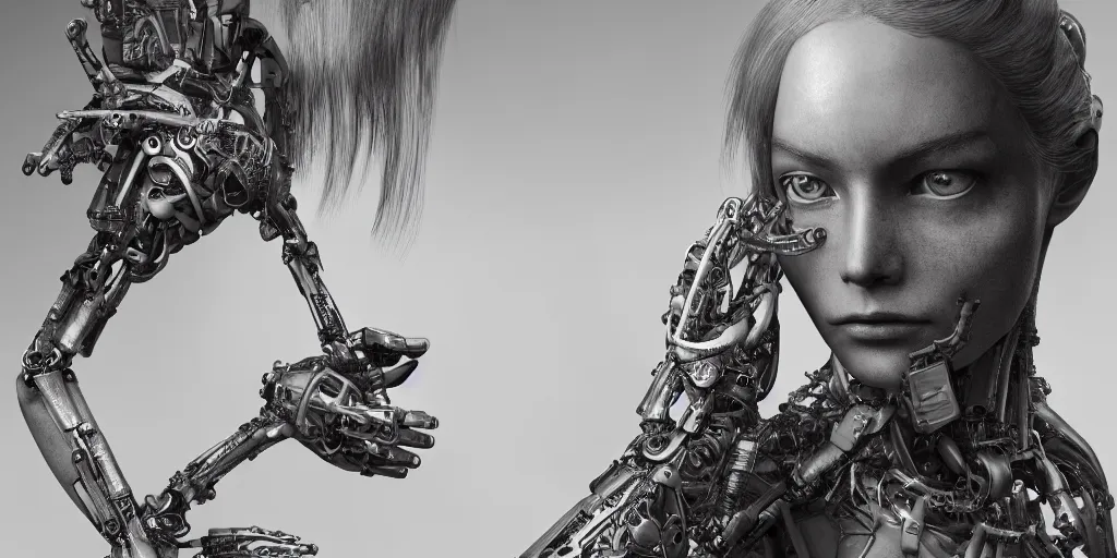 Prompt: hyperrealistic photography of a stunningly beautiful cyborg female, mechanical elbow, plated arm, intimate, holding hands, in the style of beth cavener, jin kagetsu,, and wlop, highly detailed, intricate, face symmetry, masterpiece, award - winning, sharp focus, concept art, high key, ambient lighting, 8 k, octane render, artstation