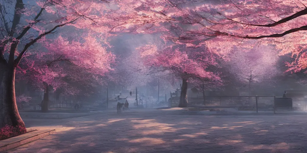 Image similar to a highly detailed digital painting of a japanese town, volumetric lighting, atmospheric fog, epic composition, cherry blossom leaves falling, artstation, 8 k