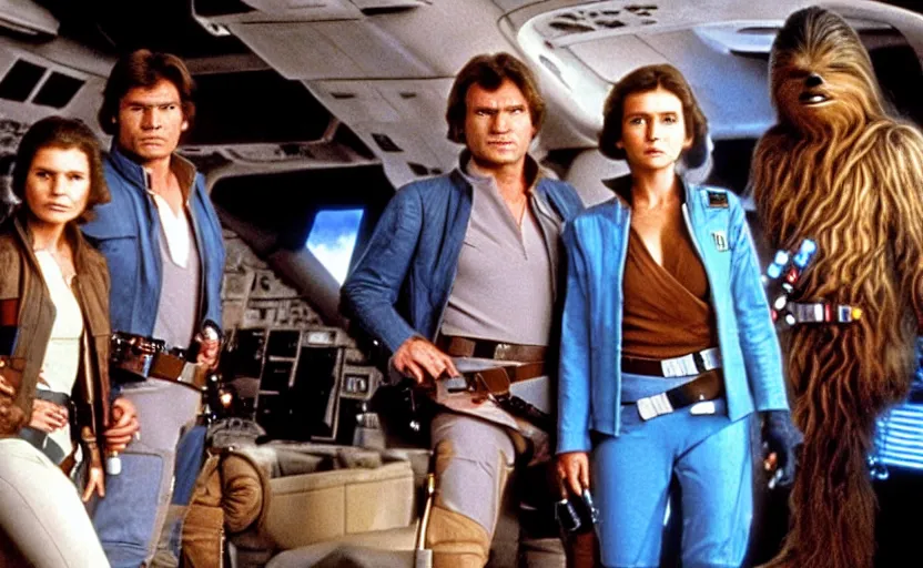 Prompt: screenshot of Han Solo in a new blue jacket with Chewbacca standing in front of jedi master Luke Skywalker, next to him is Princess Leia in a new outfit, all four of them n the cockpit of the Millenium falcon, facing forward, iconic scene from the late 1980s lost Star Wars film directed by Stanley Kubrick, color kodak stock, ektochrome, anamorphic lenses, detailed faces, crisp, sharp, moody beautiful cinematography