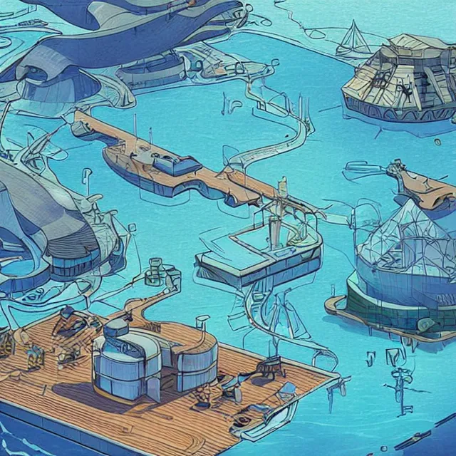 Prompt: a series of connected island research stations in the middle of the ocean, hi tech, futurism, rhads!!!, ominous, digital science fiction realism, archipelago!!, urban fantasy, saturday morning cartoon, clean linework, ( alexander archipenko ), western animation
