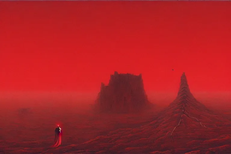 Image similar to only with red, a red shinigami eat apple, a city on mars in background, an ancient path, pathos, in the style of beksinski, part by hopper, part by rodcenko, part by hofbauer, intricate composition, red by caravaggio, insanely quality, highly detailed, masterpiece, red light, artstation